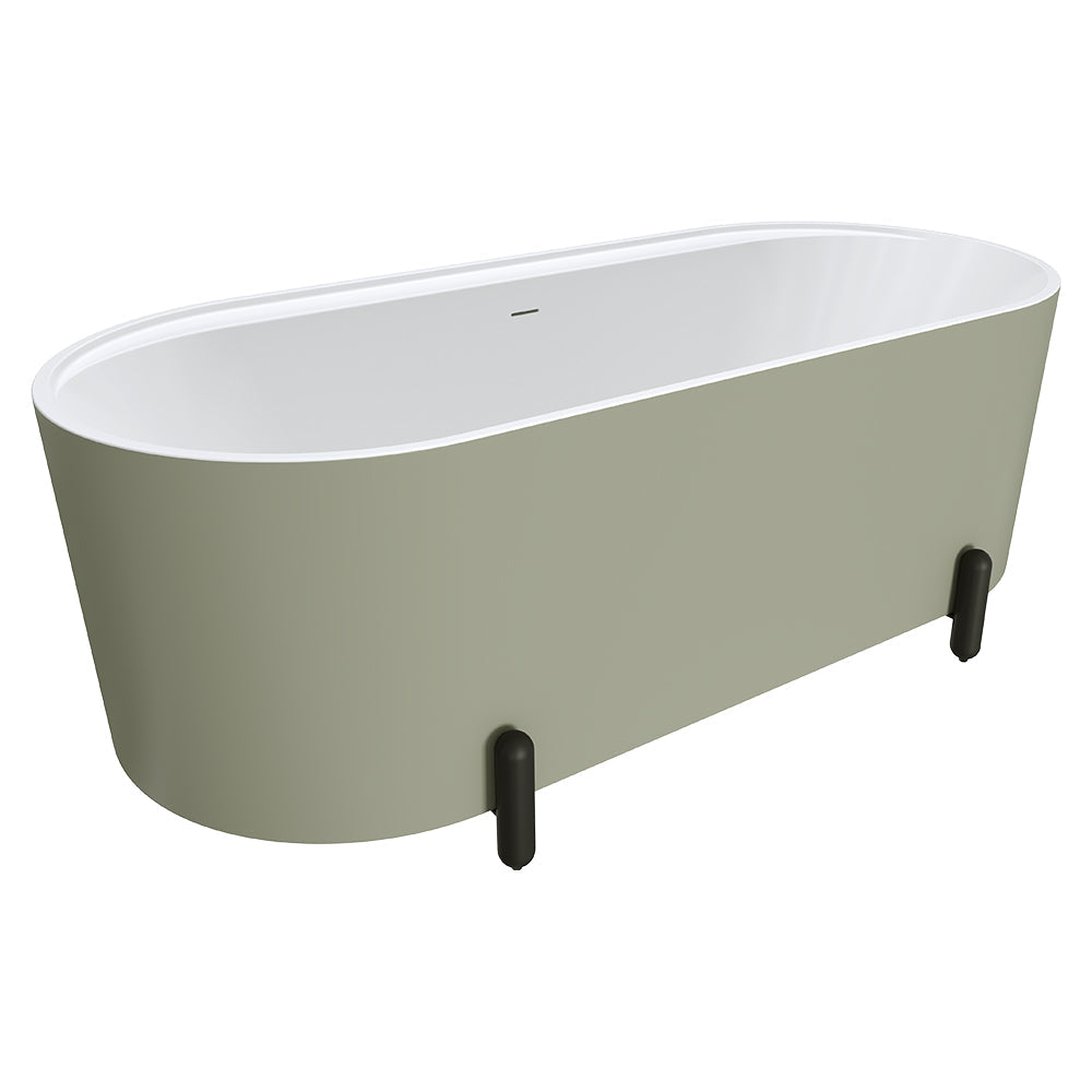 Aluca Freestanding Bath, 1700mm Matte Olive with Matte Black Legs with overflow