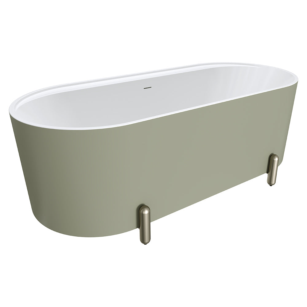 Aluca Freestanding Bath, 1700mm Matte Olive with Brushed Nickel Legs with overflow