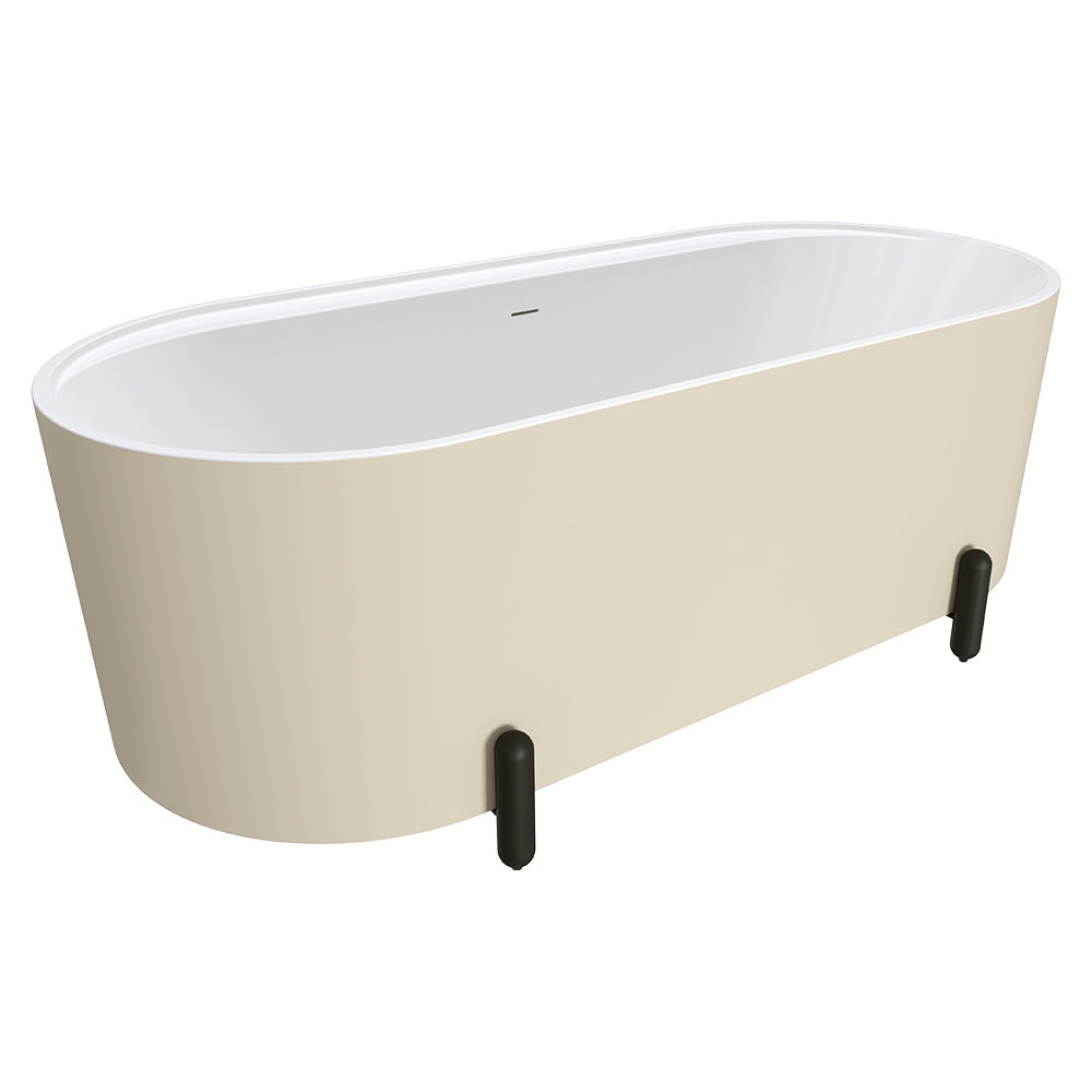 Aluca Freestanding Bath, 1700mm Matte Khaki with Matte Black Legs with overflow