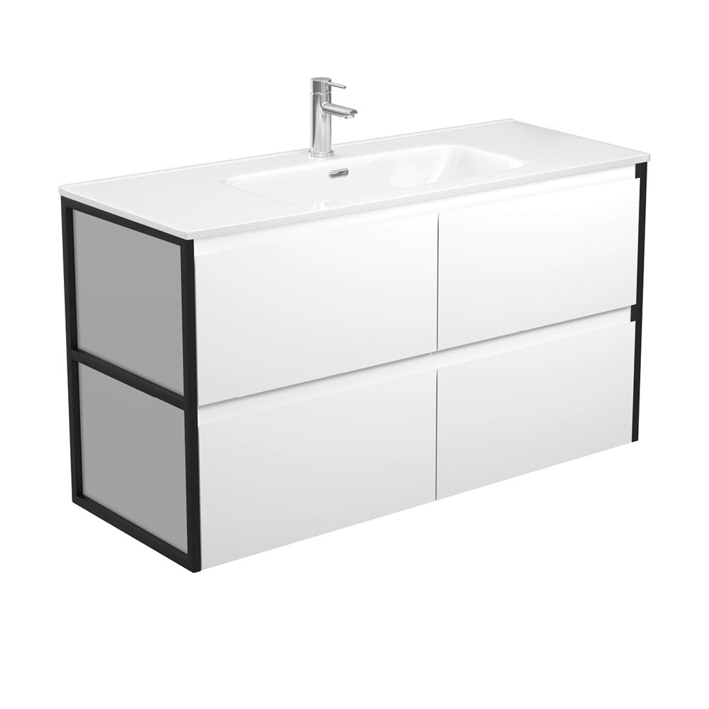 Joli Amato 1200 Satin White Wall-Hung Vanity, Matte Black Frames