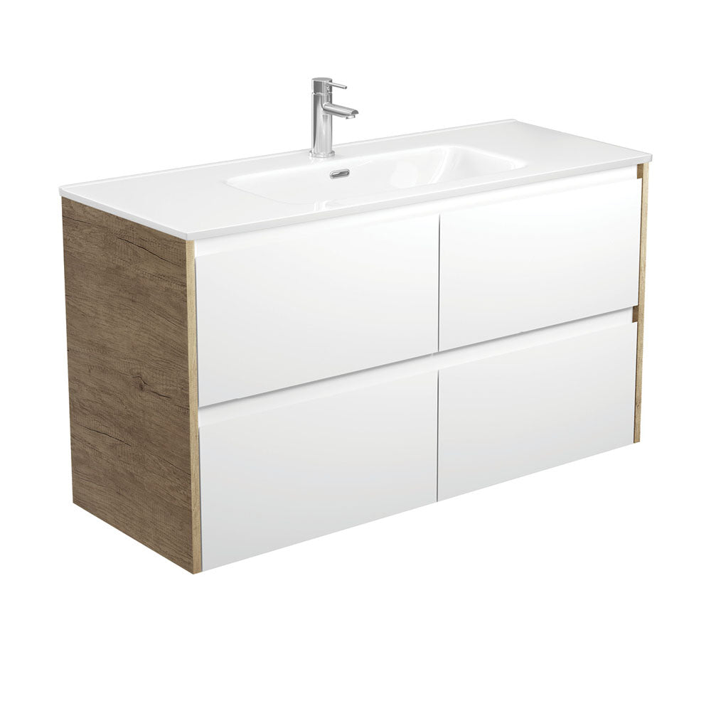 Joli Amato 1200 Satin White Wall-Hung Vanity, Scandi Oak Panels