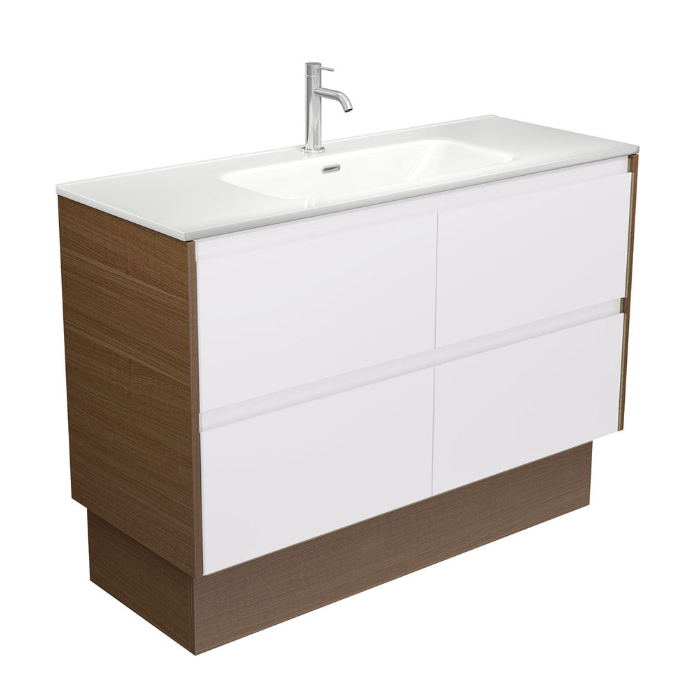 Joli Amato 1200 Satin White Vanity on Kick, Walnut Panels
