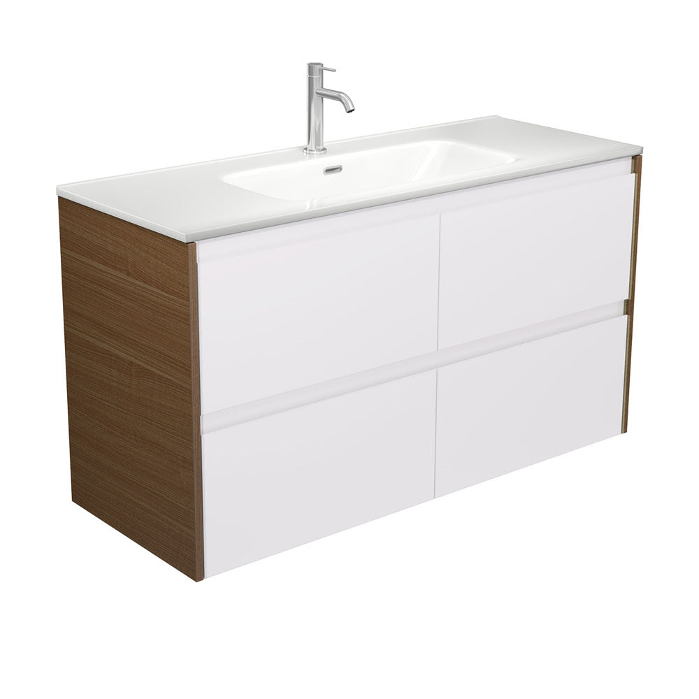 Joli Amato 1200 Satin White Wall Hung Vanity, Walnut Panels