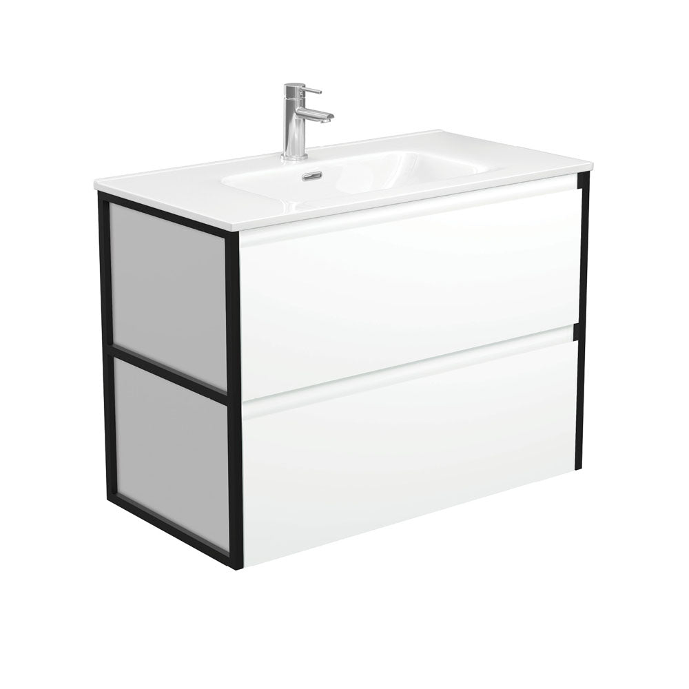 Joli Amato 900 Satin White Wall-Hung Vanity, Matte Black Frames
