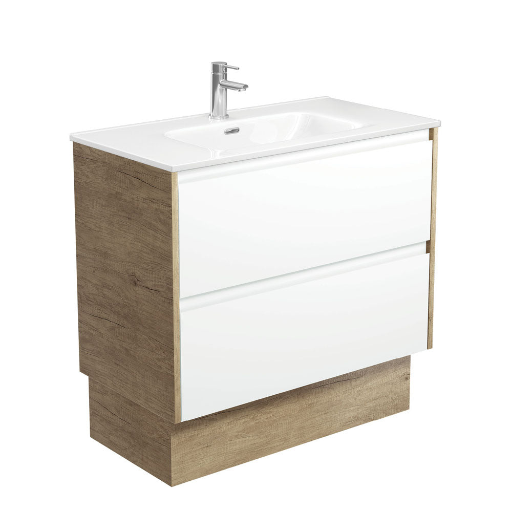 Joli Amato 900 Satin White Vanity On Kick, Scandi Oak Panels