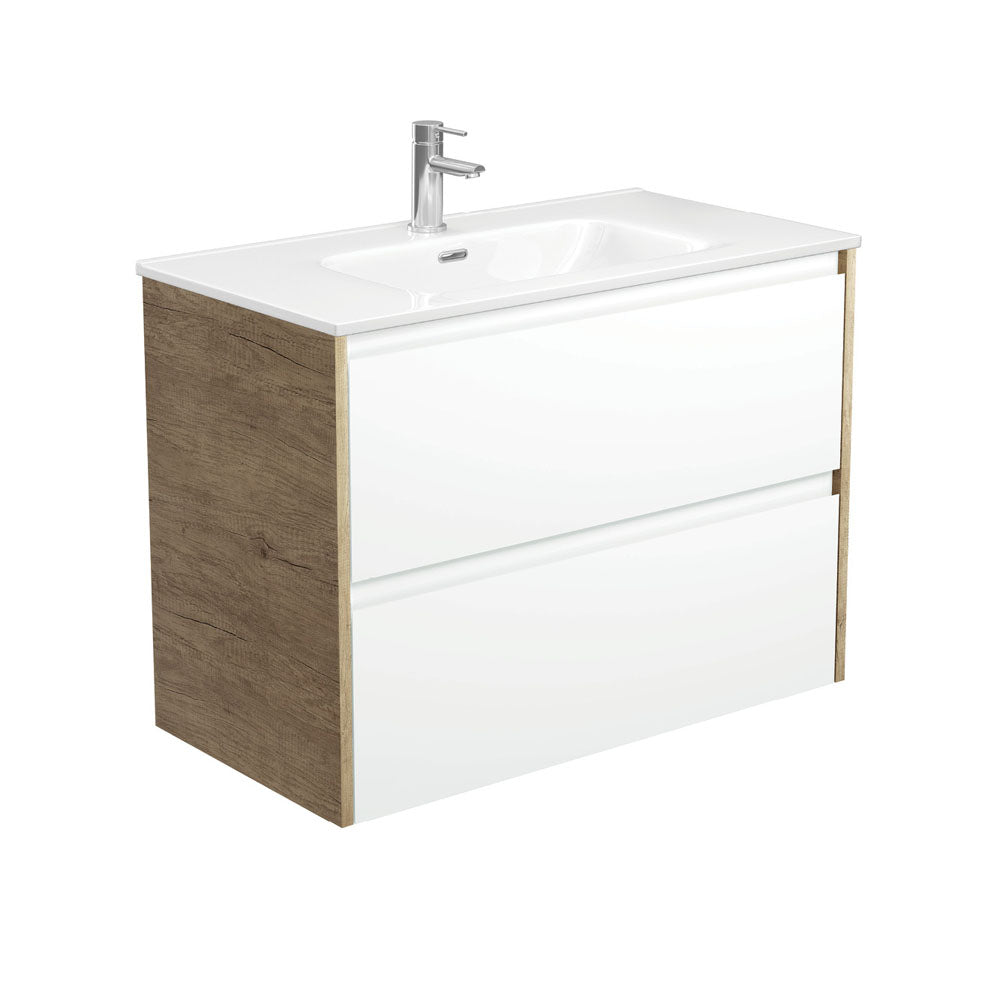 Joli Amato 900 Satin White Wall-Hung Vanity, Scandi Oak Panels