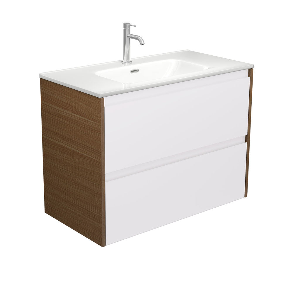 Joli Amato 900 Satin White Wall Hung Vanity, Walnut Panels
