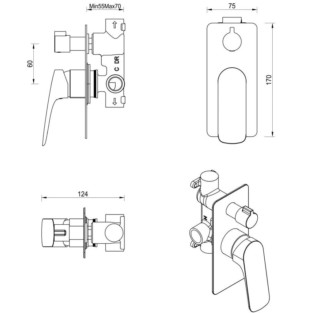 Kaza Shower Mixer Diverter - 1P - TRIM KIT ONLY