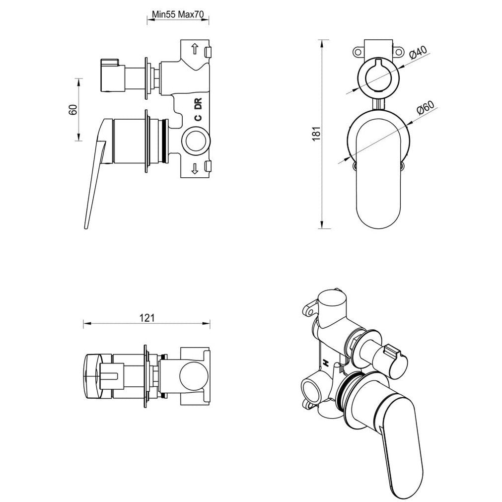 Lantra Shower Mixer Diverter - 2P - TRIM KIT ONLY