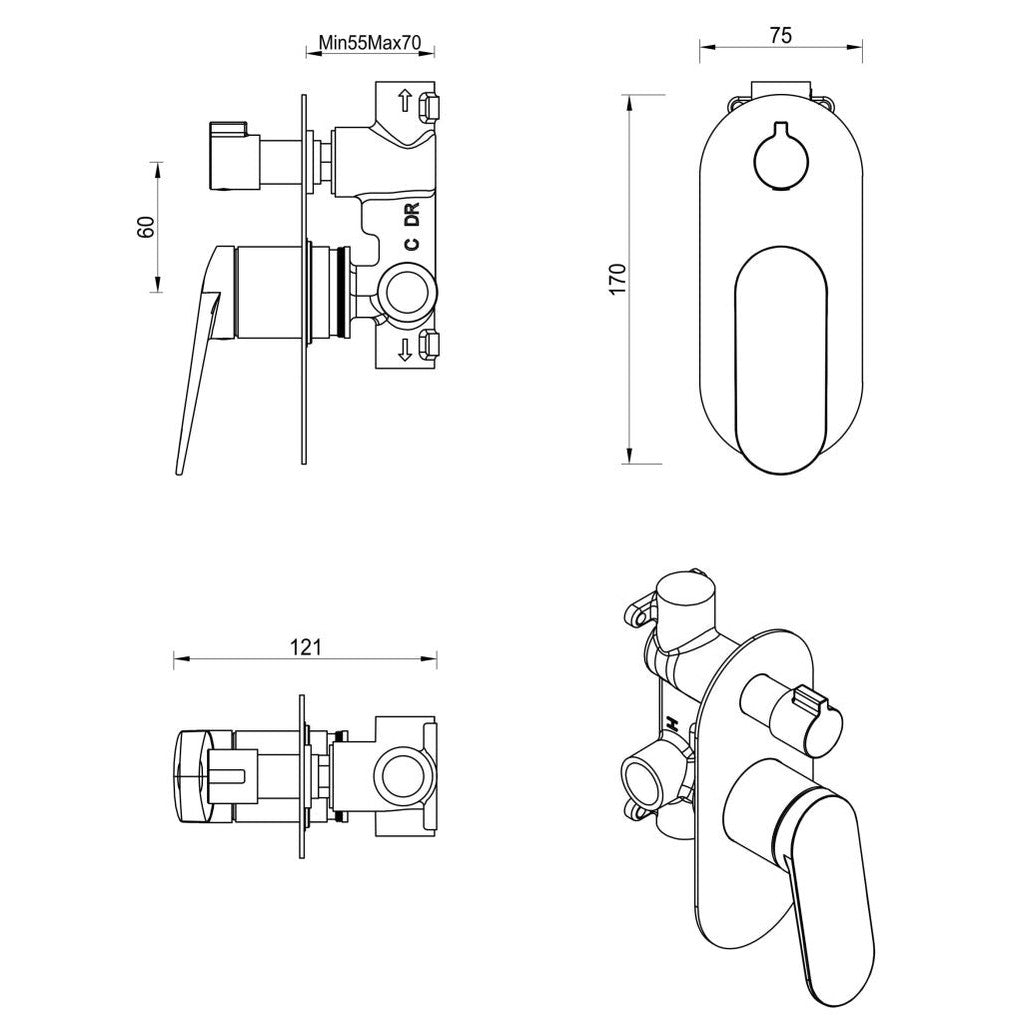 Lantra Shower Mixer Diverter - 1P - TRIM KIT ONLY