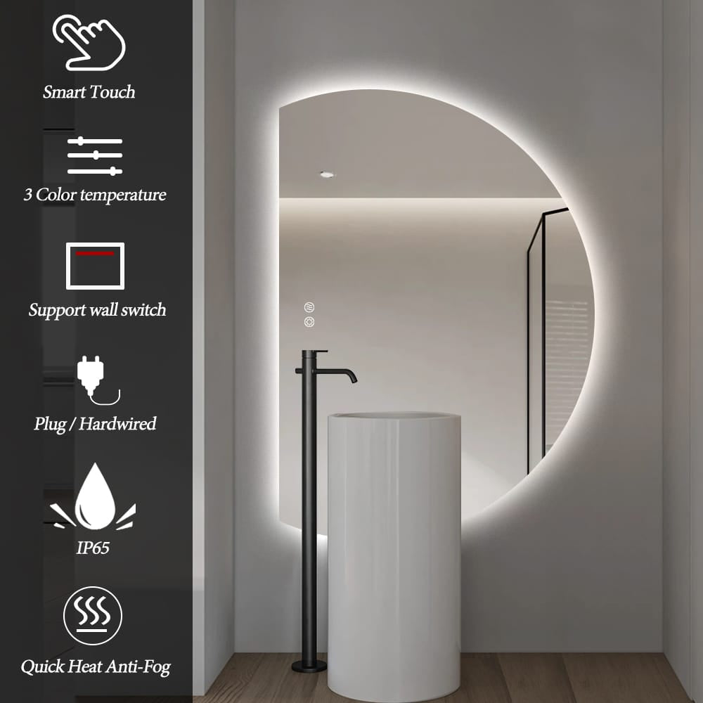 Left Cut Moon LED Mirror 91cm x 130cm Frameless Backlit Wall Mirror