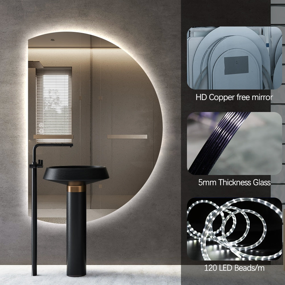 Left Cut Moon LED Mirror 91cm x 130cm Frameless Backlit Wall Mirror