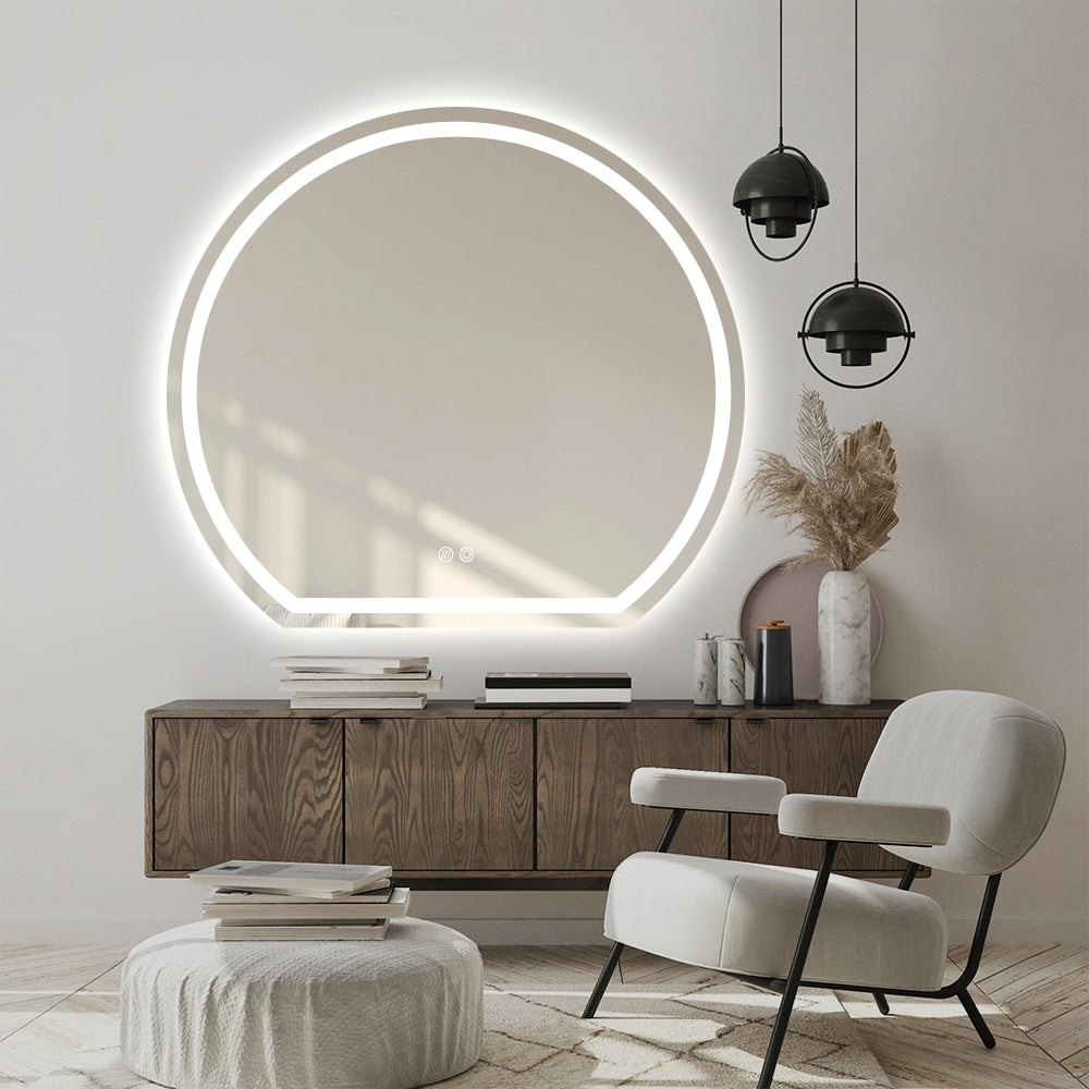 Left Cut Moon Wall-Mounted Frosted LED Mirror 90cm x 100cm Frameless Crescent Shape Frontlit Bathroom Vanity Decor