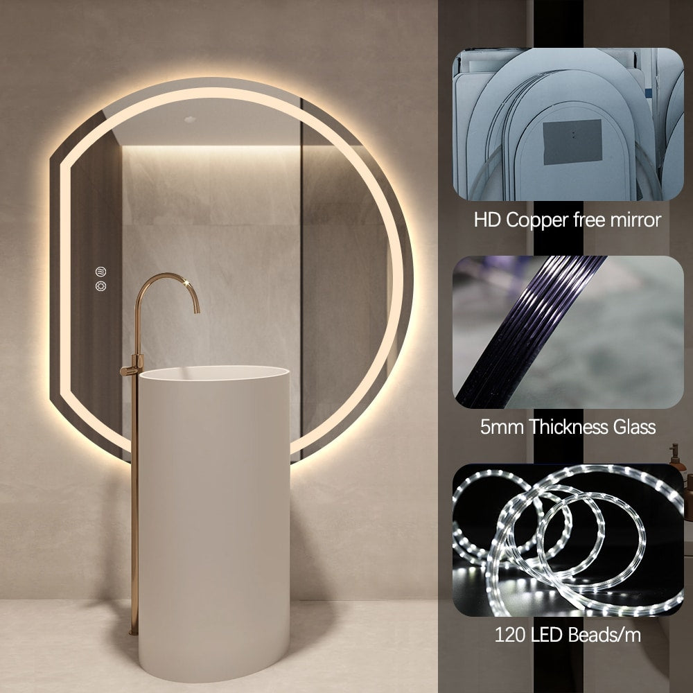 Left Cut Moon Wall-Mounted Frosted LED Mirror 90cm x 100cm Frameless Crescent Shape Frontlit Bathroom Vanity Decor