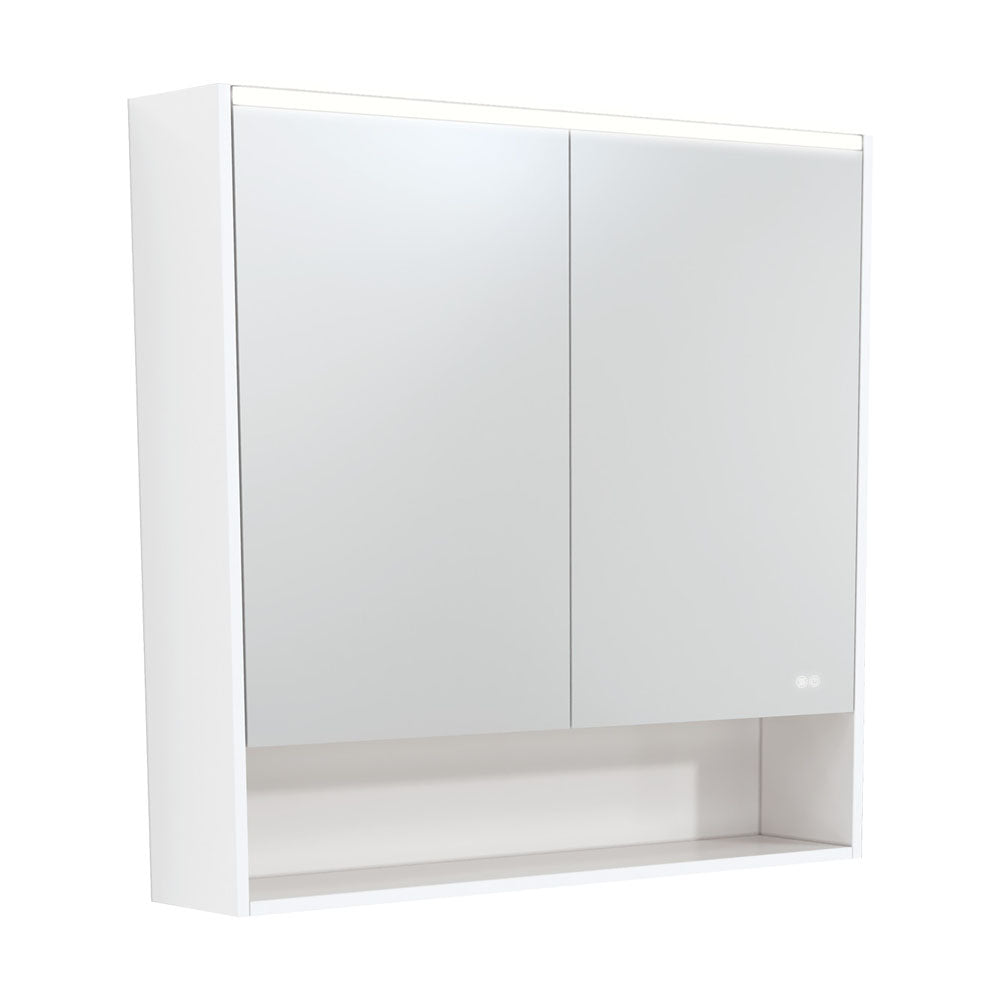 LED Mirror Cabinet with Display Shelf, 900mm, Satin White