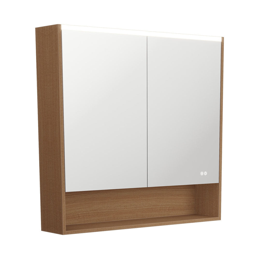 LED Mirror Cabinet with Display Shelf, 900mm, Walnut