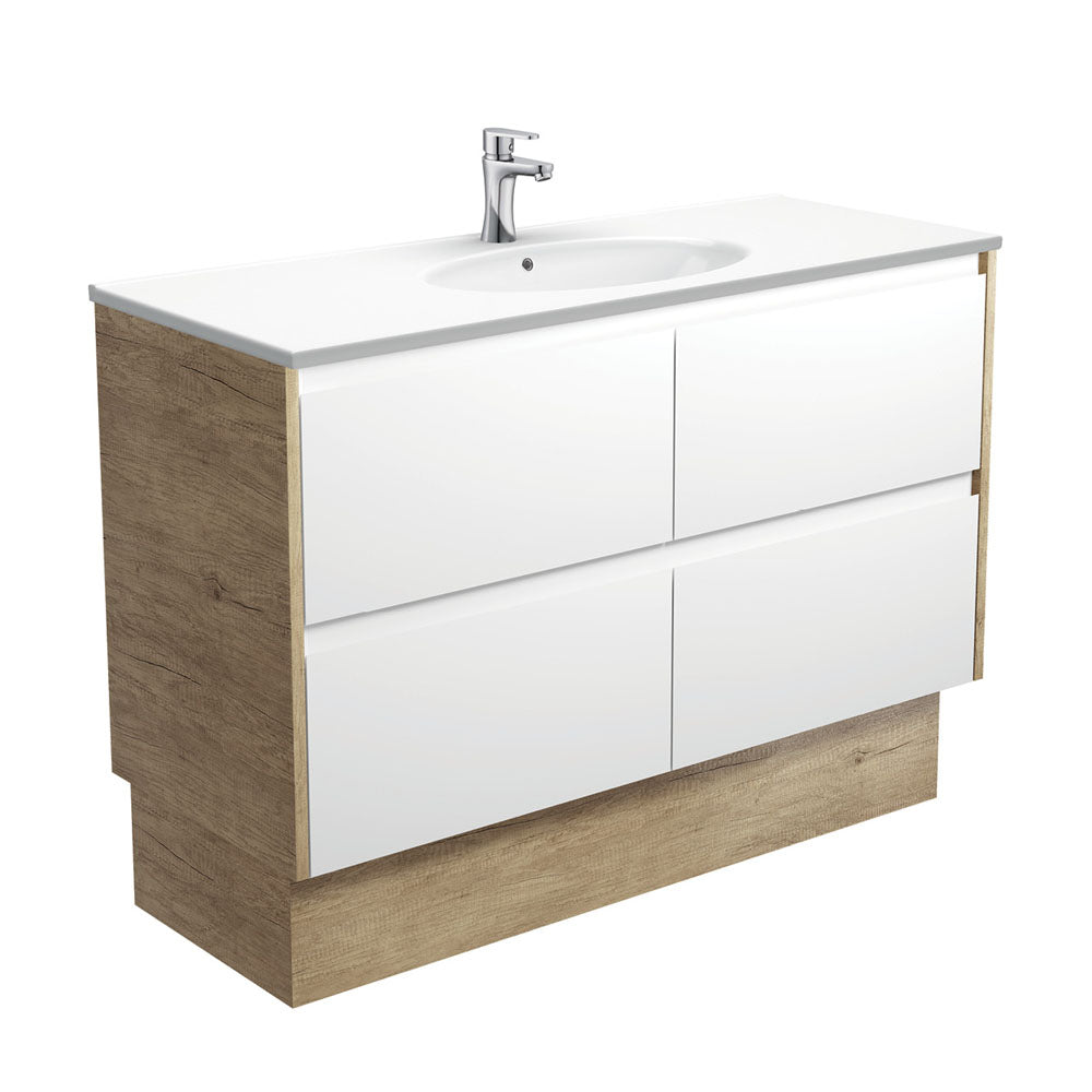 Rotondo Amato 1200 Satin White Vanity On Kick, Scandi Oak Panels
