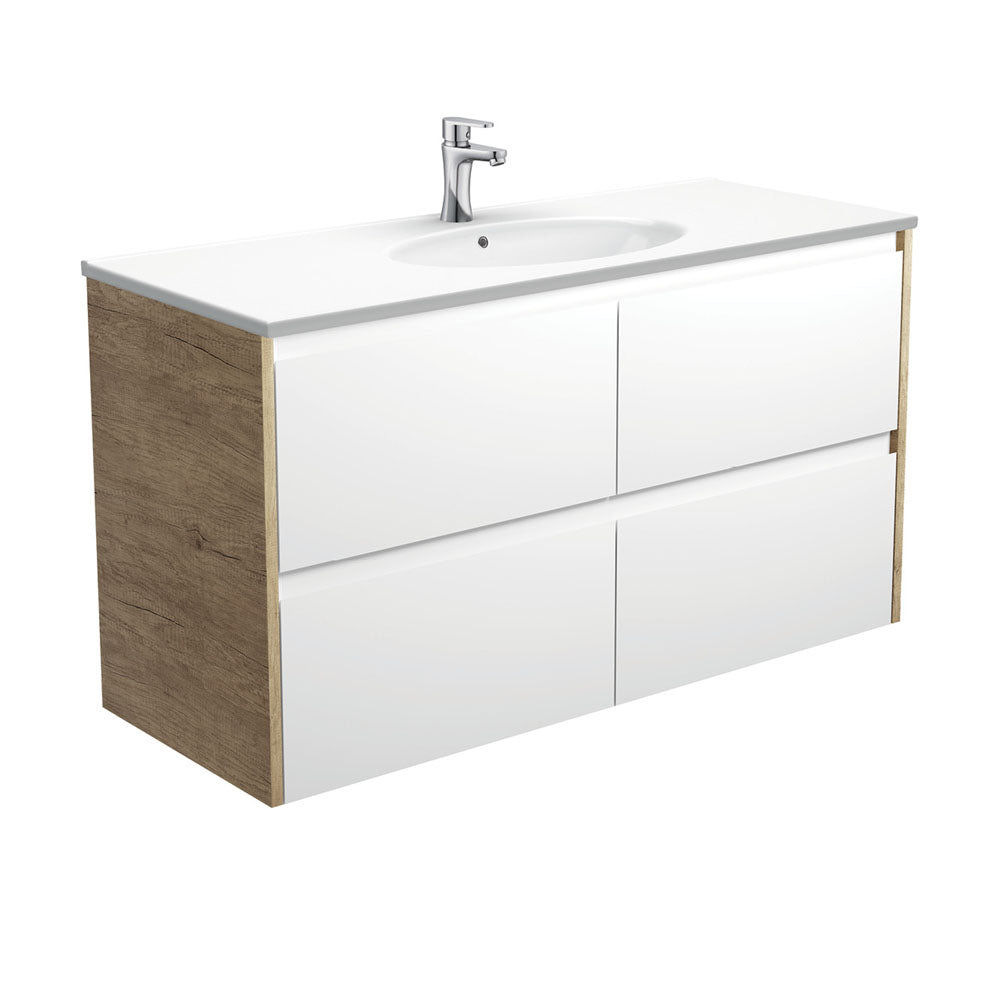Rotondo Amato 1200 Satin White Wall-Hung Vanity, Scandi Oak Panels