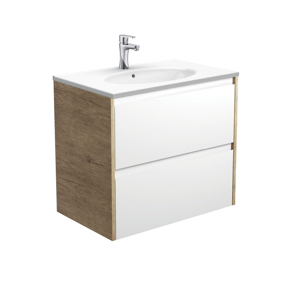 Rotondo Amato 750 Satin White Wall-Hung Vanity, Scandi Oak Panels