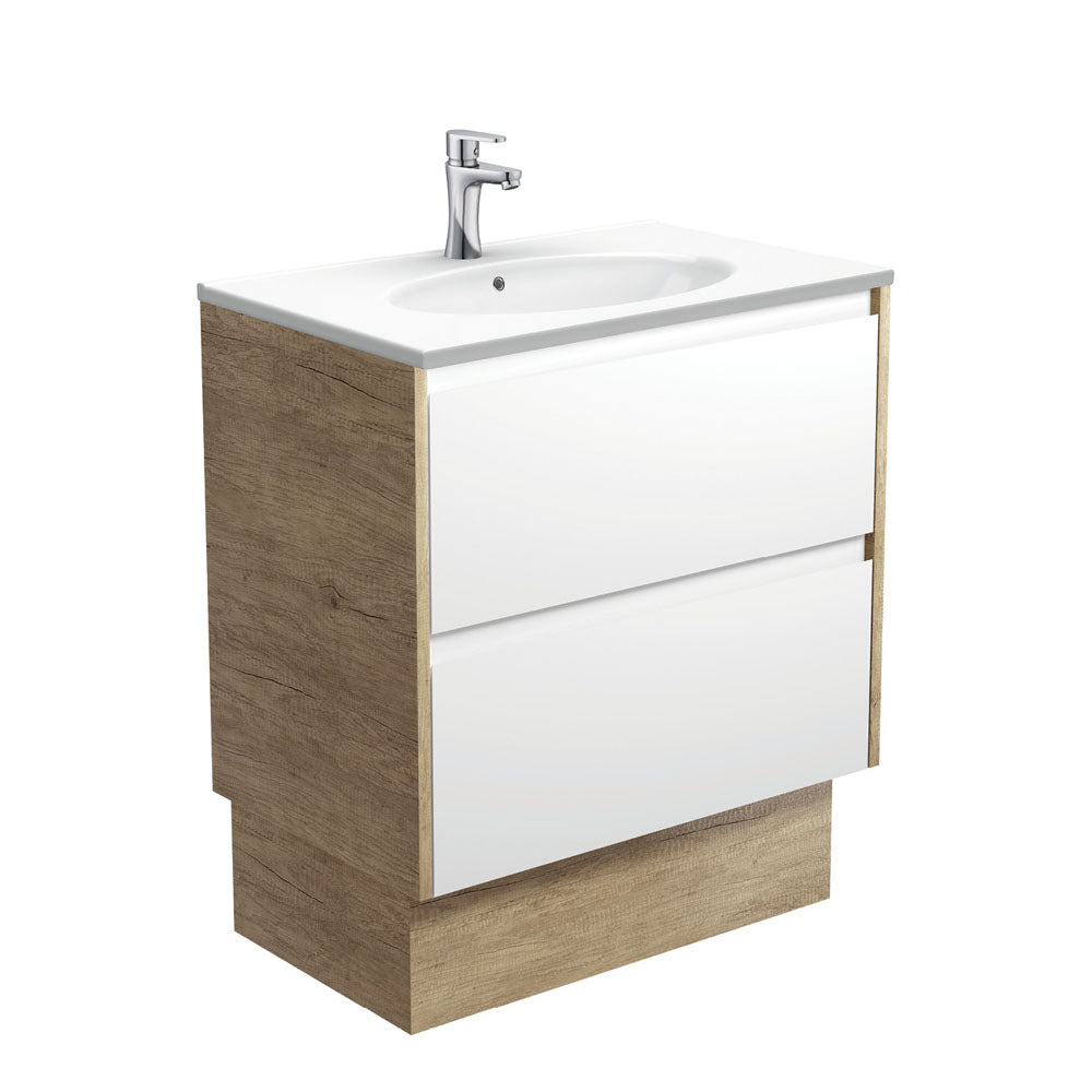 Rotondo Amato 750 Satin White Vanity On Kick, Scandi Oak Panels