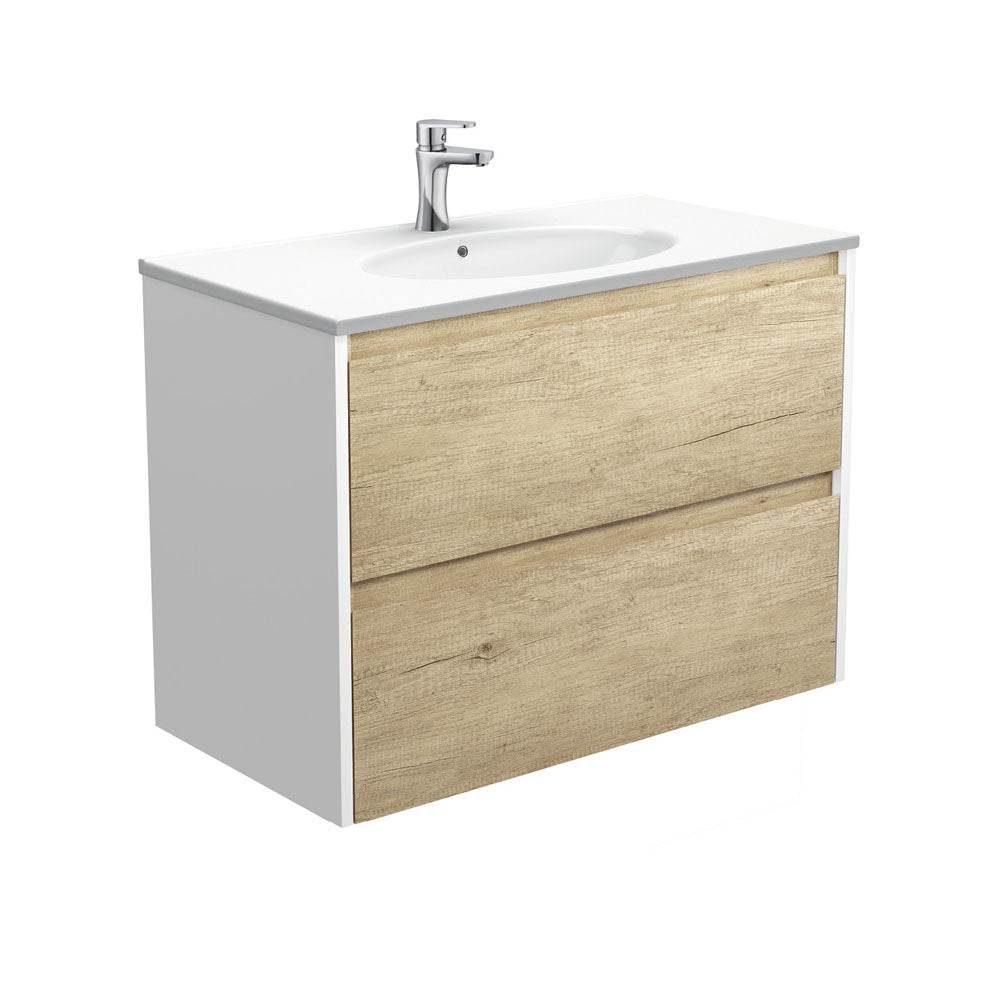 Rotondo Amato 900 Scandi Oak Wall-Hung Vanity, Satin White Panels