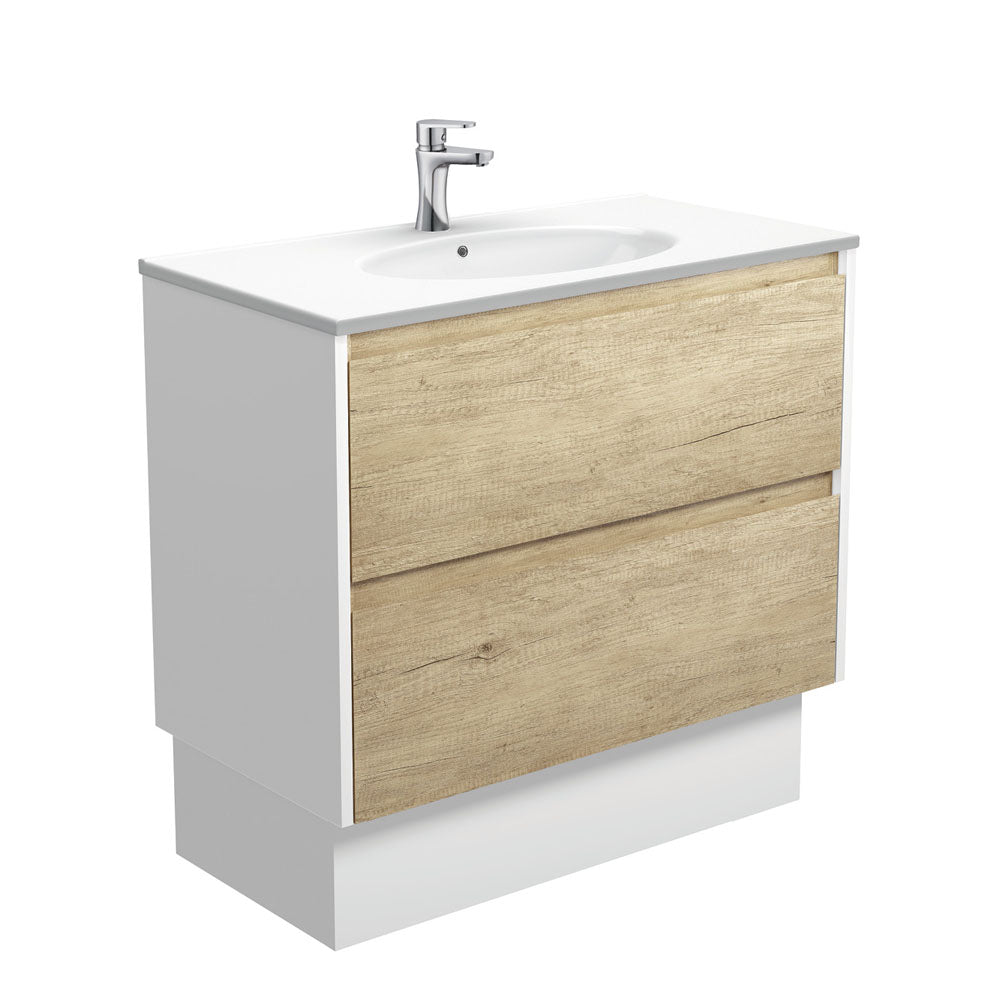 Rotondo Amato 900 Scandi Oak Vanity On Kick, Satin White Panels