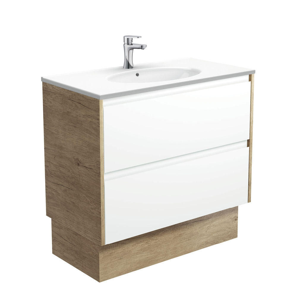 Rotondo Amato 900 Satin White Vanity On Kick, Scandi Oak Panels