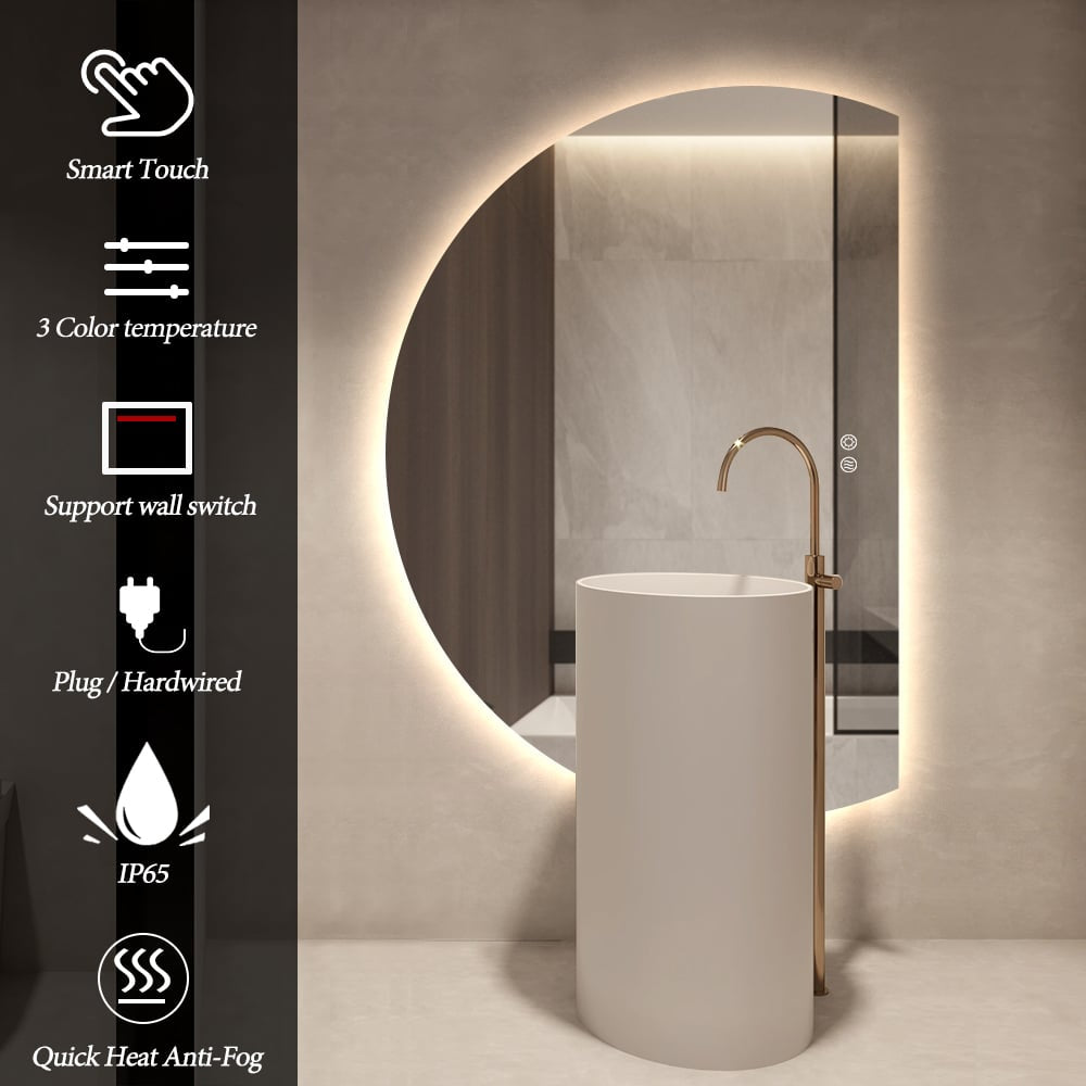 Right Cut Moon LED Mirror 91cm x 130cm Frameless Backlit Wall Mirror