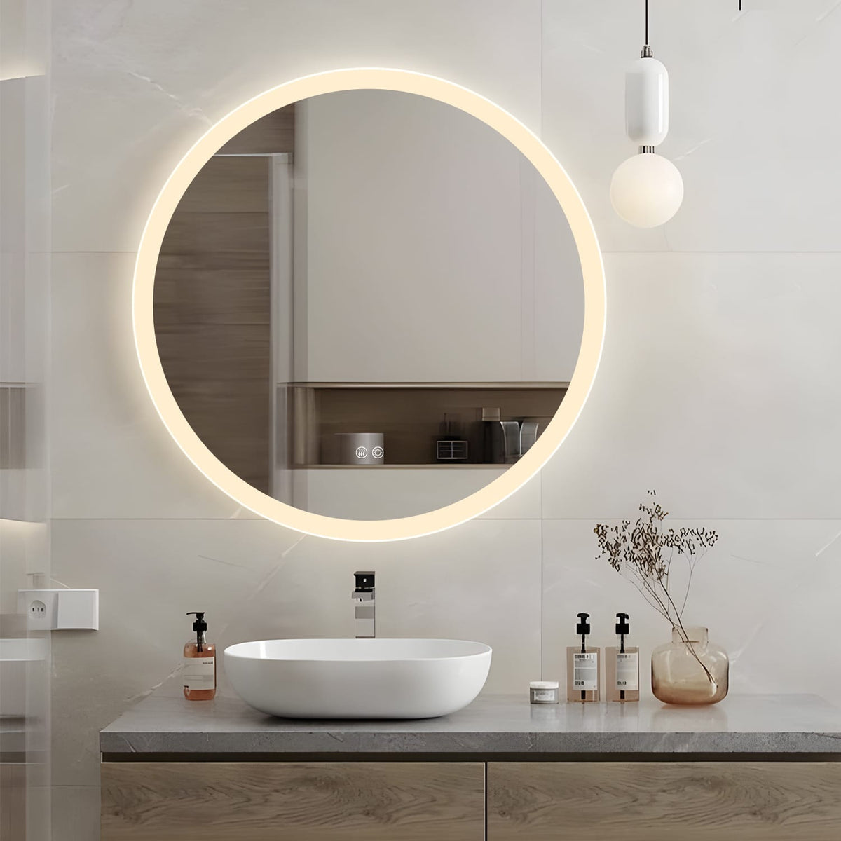 Round LED Mirror – Frosted, Dimmable, Defogger with 30mm Strip