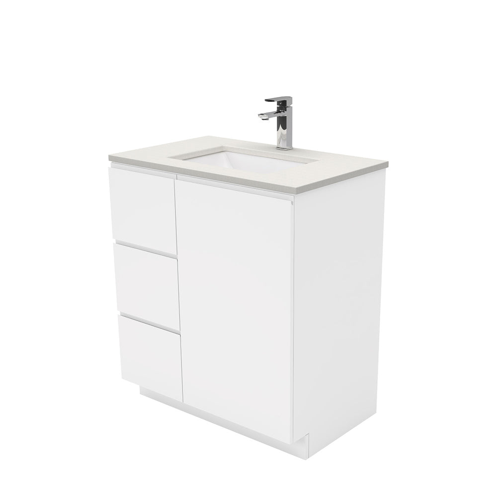 Sarah Roman Sand Undermount 750 Fingerpull Gloss White Vanity on Kick, Left Drawers