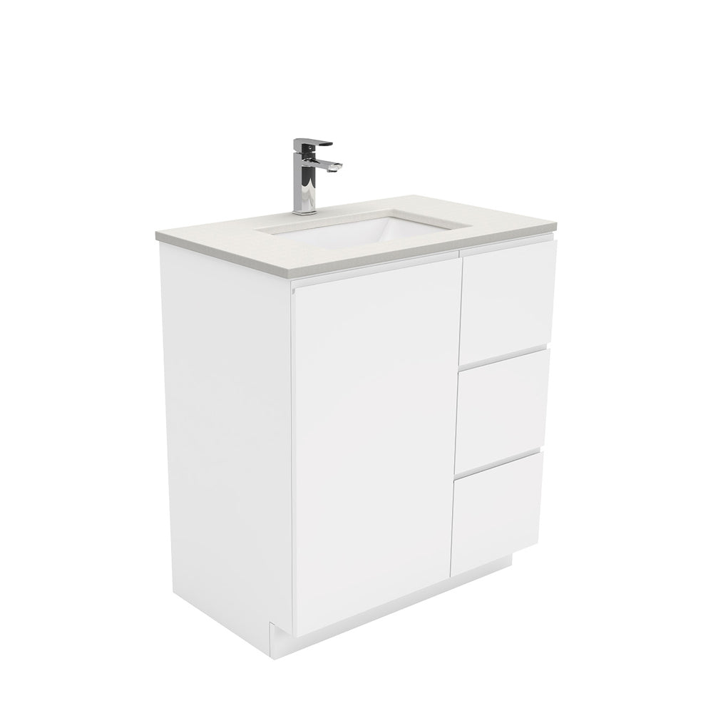 Sarah Roman Sand Undermount 750 Fingerpull Gloss White Vanity on Kick, Right Drawers