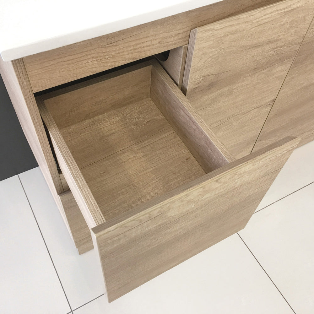 Sarah Roman Sand Undermount 750 Edge Scandi Oak Wall-Hung Vanity, Left Drawers