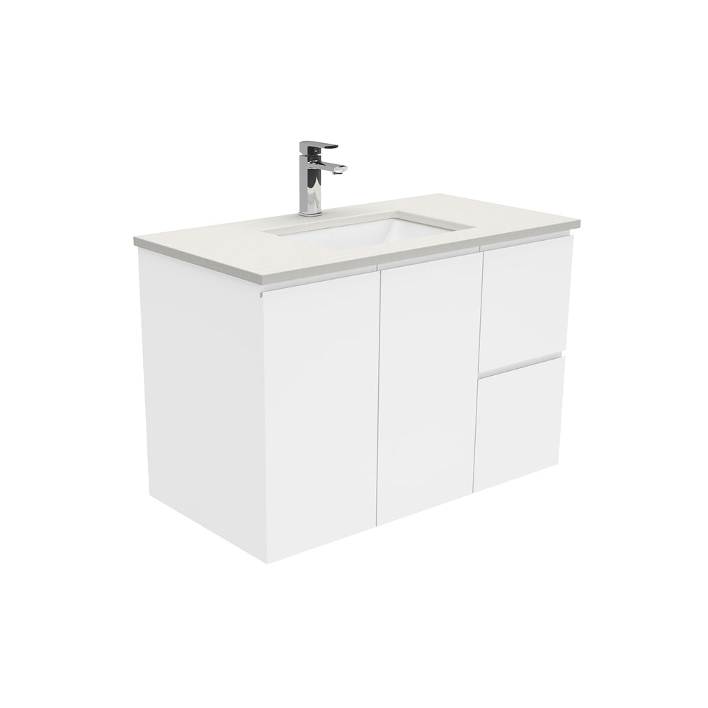 Sarah Roman Sand Undermount 900 Fingerpull Gloss White Wall-Hung Vanity, Right Drawers