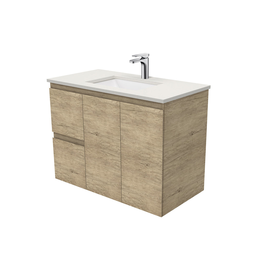 Sarah Roman Sand Undermount 900 Edge Scandi Oak Wall-Hung Vanity, Left Drawers
