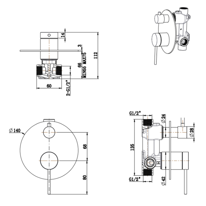 Mica Shower Mixer Diverter - 1P - TRIM KIT ONLY