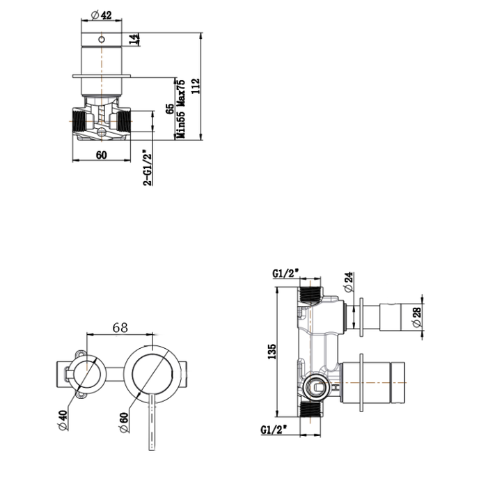 Mica Shower Mixer Diverter - Sideways - BODY