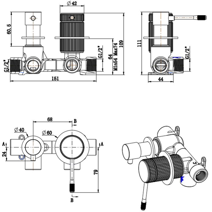 Mica Fluted Shower Mixer Diverter - Sideways