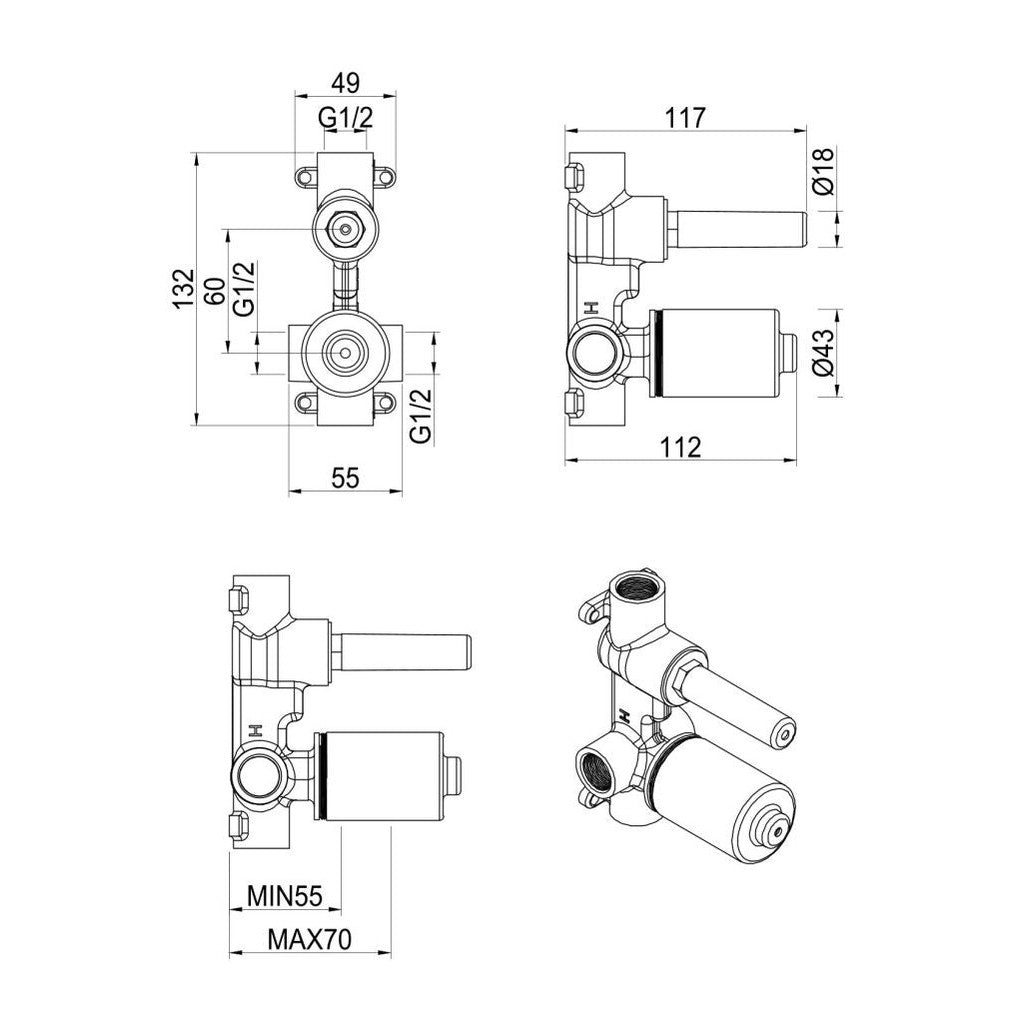 Tiago, Beki, Eleniko, Kaza - Shower Mixer Diverter - BODY ONLY