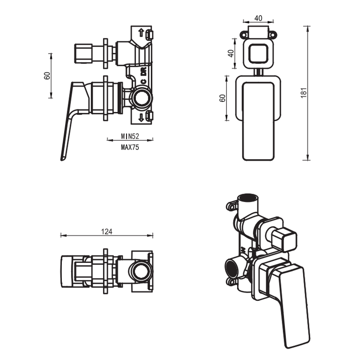 Tiago Shower Mixer Diverter - 2P - TRIM KIT ONLY