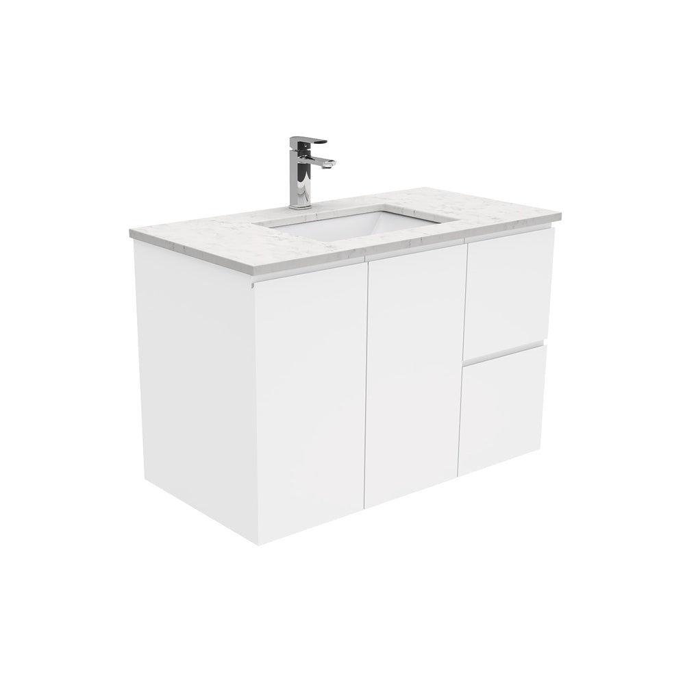Sarah Bianco Marble Undermount 900 Fingerpull Gloss White Wall-Hung Vanity, Right Drawers