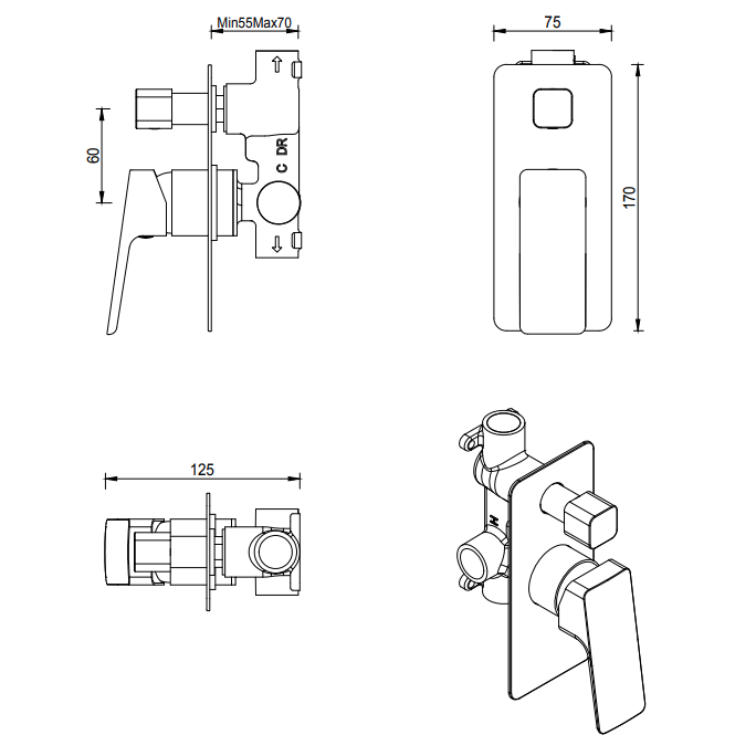 Tiago Shower Mixer Diverter - TRIM KIT ONLY