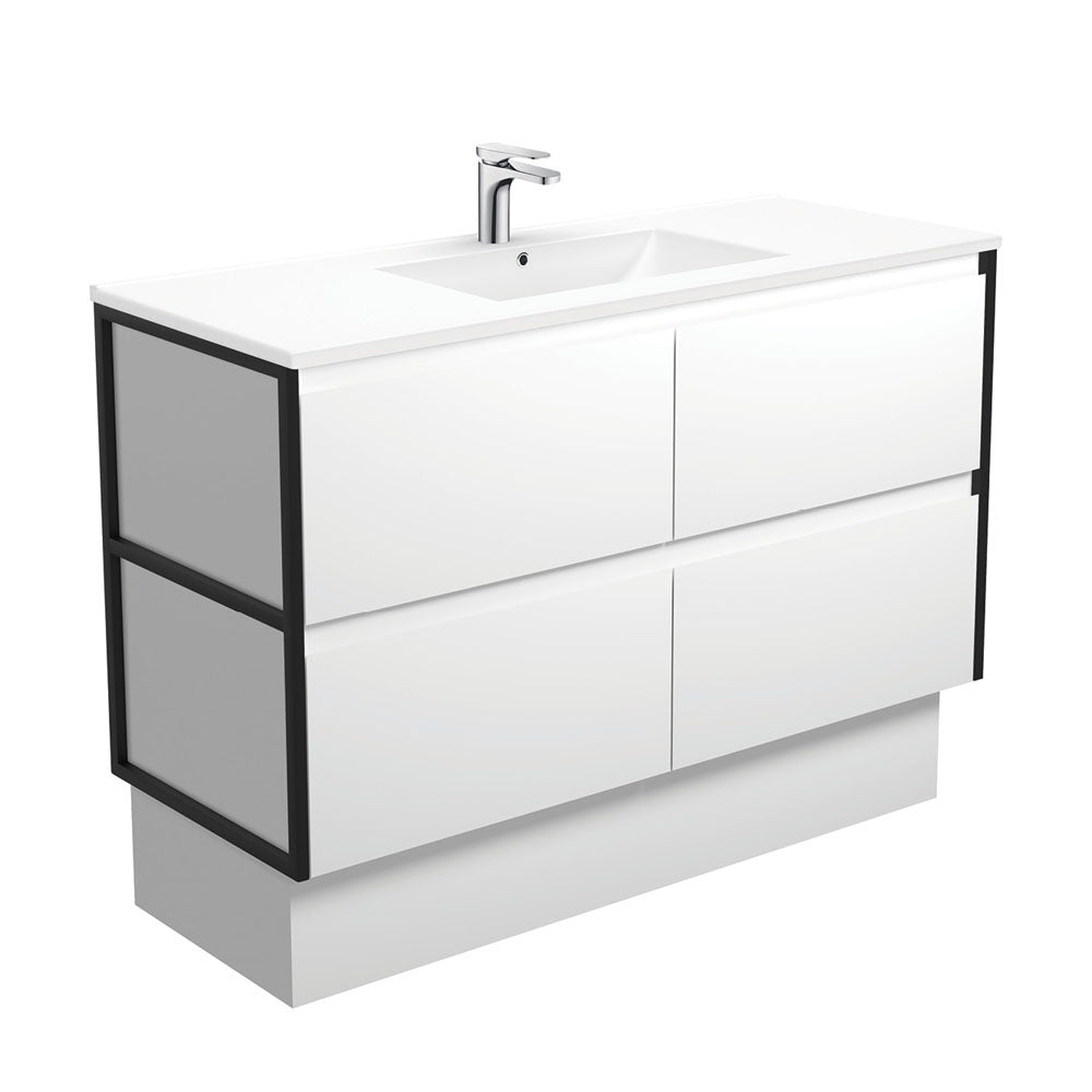 Dolce Amato 1200 Satin White Vanity On Kick, Matte Black Frames