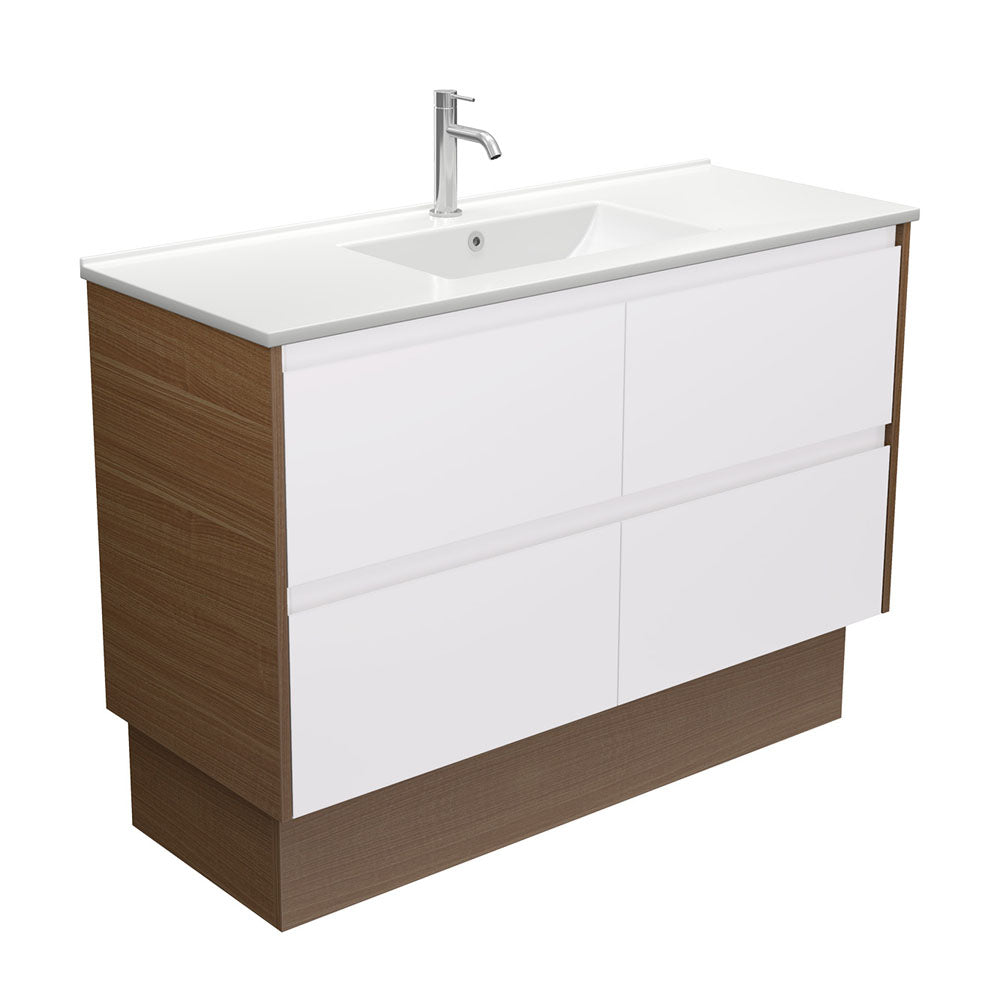 Dolce Amato 1200 Satin White Vanity on Kick, Walnut Panels