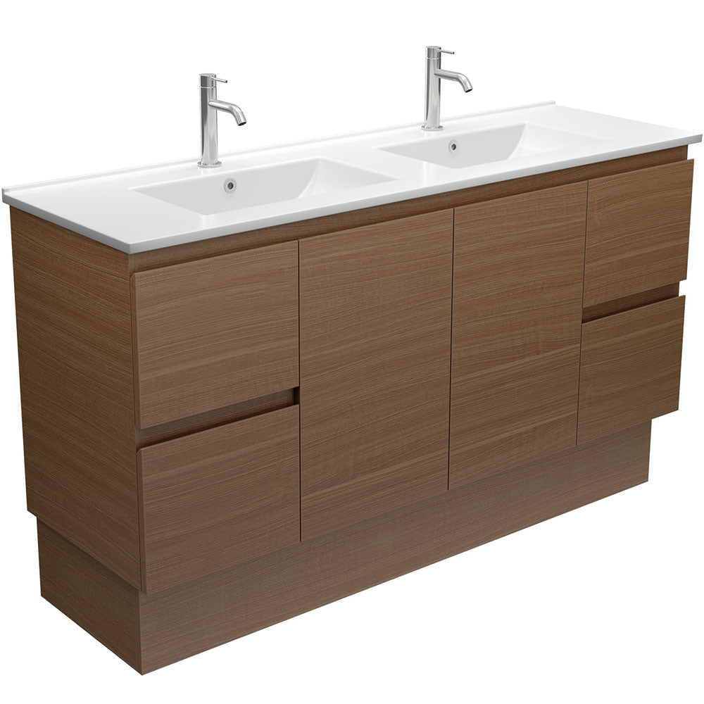 Dolce Edge Walnut 1500 Double Bowl Vanity on Kickboard