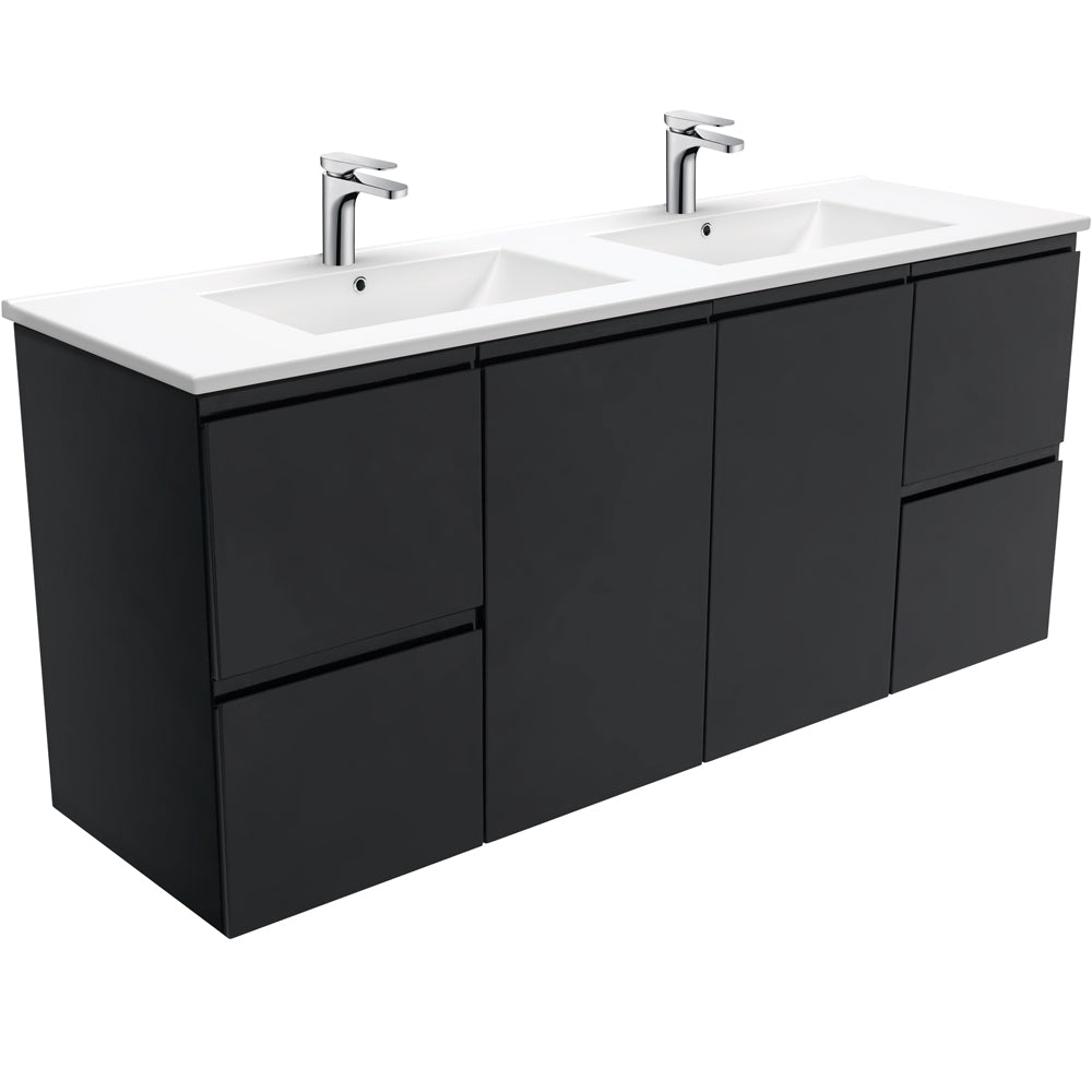 Dolce Fingerpull Satin Black 1500 Double Bowl Wall-Hung Vanity