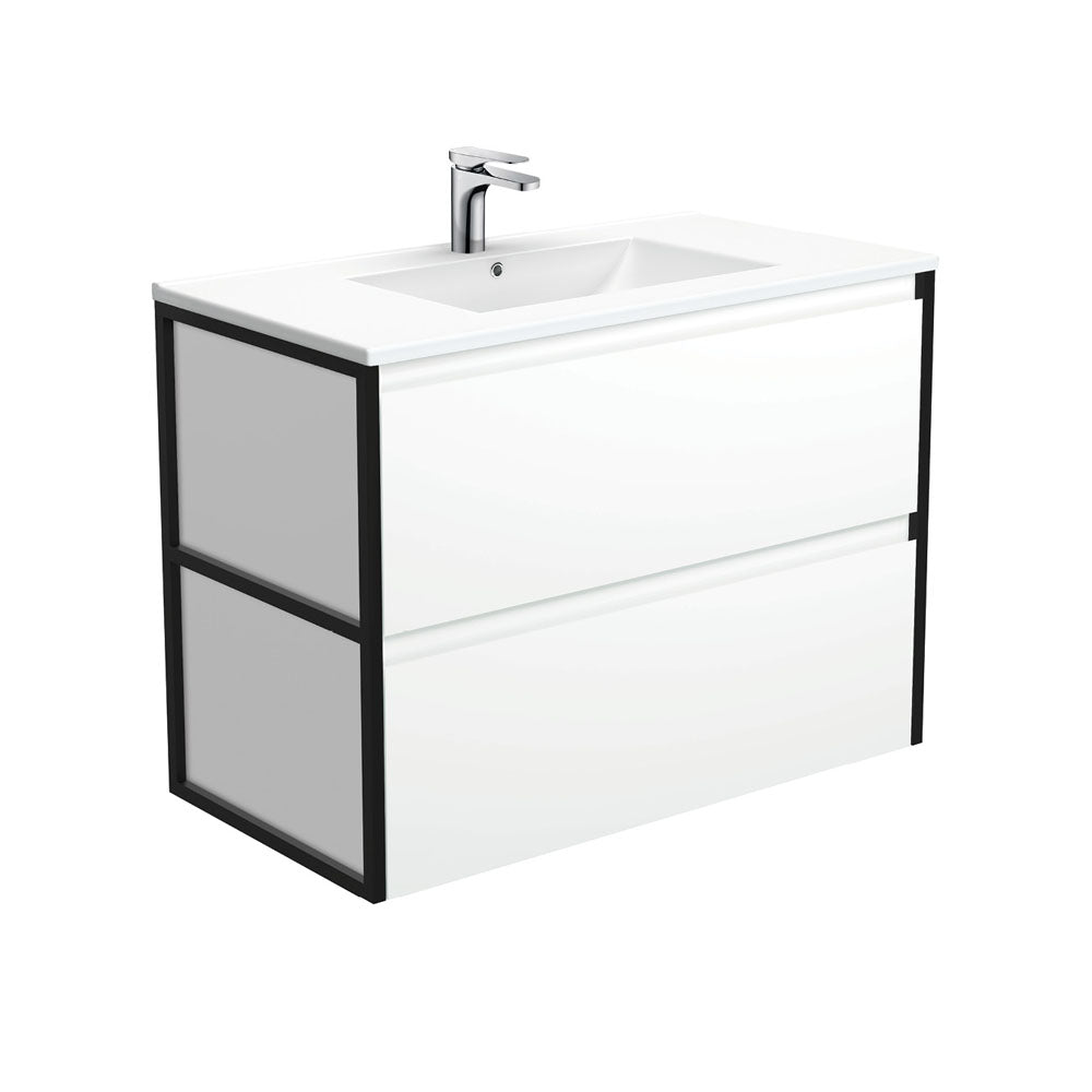 Dolce Amato 900 Satin White Wall-Hung Vanity, Matte Black Frames