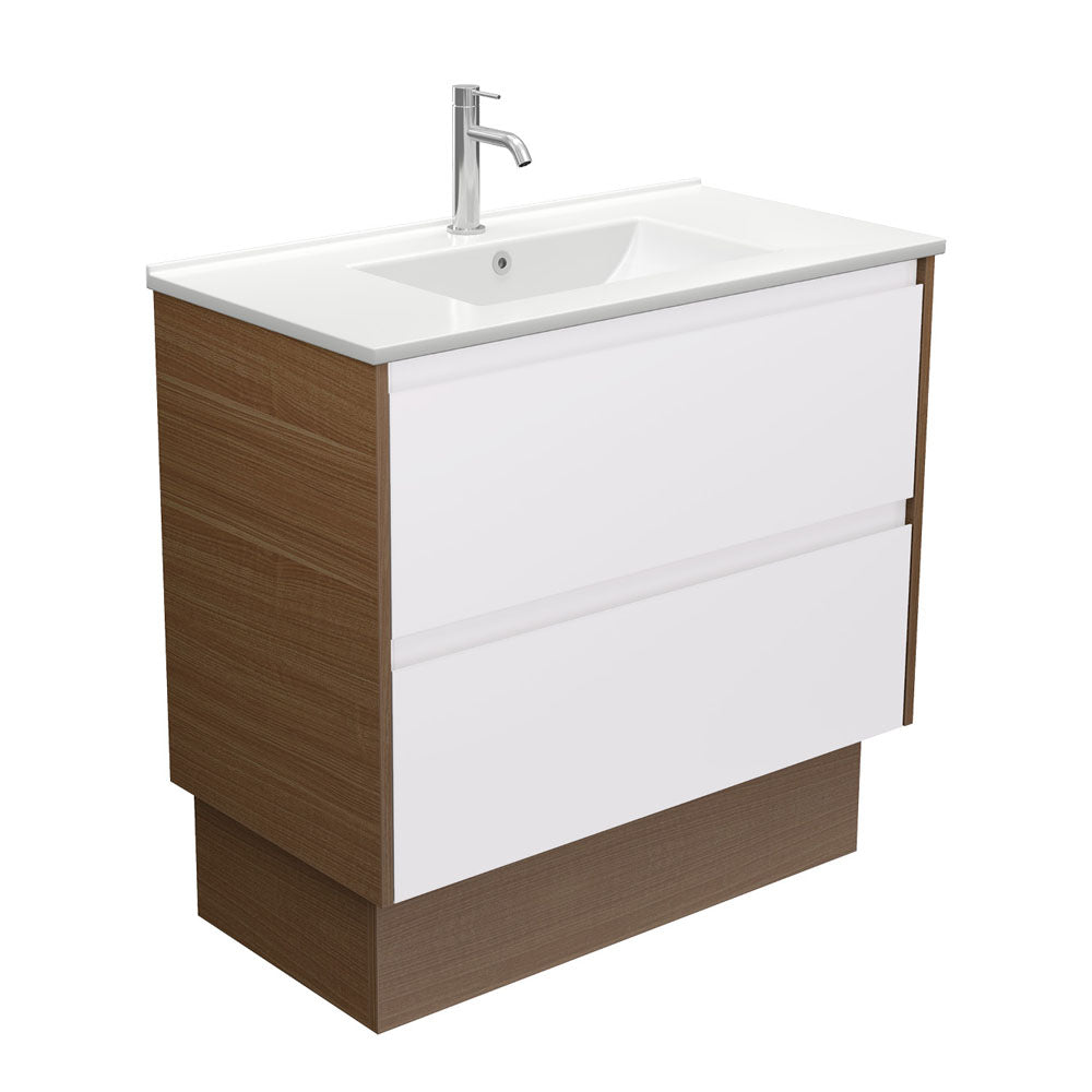 Dolce Amato 900 Satin White Vanity on Kick, Walnut Panels