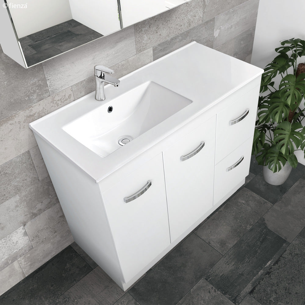 Dolce Fingerpull Satin Black 900 Offset Vanity on Kickboard, Left Basin