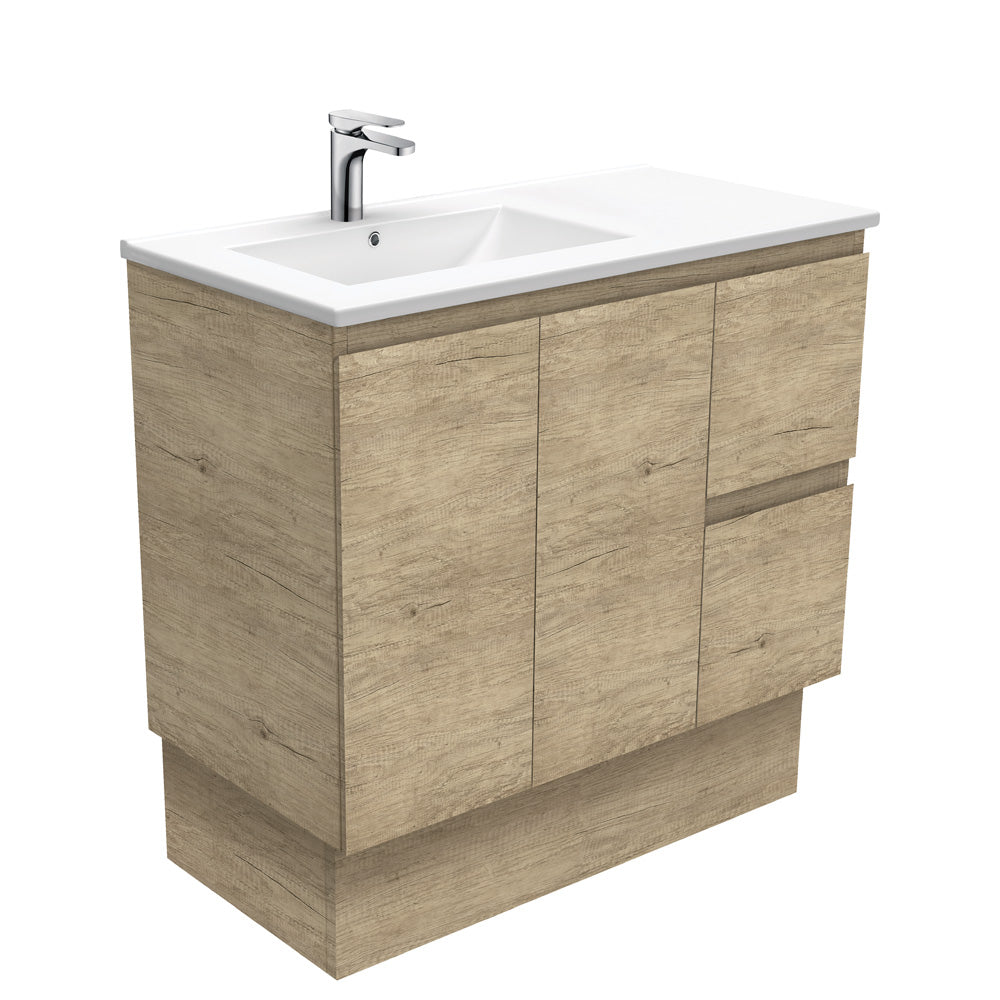Dolce Edge Scandi Oak 900 Offset Vanity on Kickboard, Left Basin