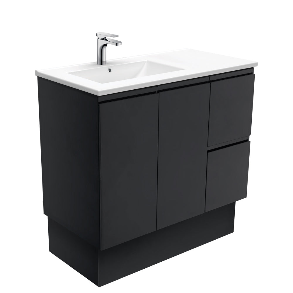 Dolce Fingerpull Satin Black 900 Offset Vanity on Kickboard, Left Basin